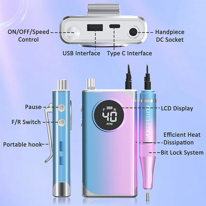 40000/35000RPM Portable Electric Nail Drill Machine With LCD Display Nails Sander For Acrylic Gel Polish Rechargeable Nail Tool
