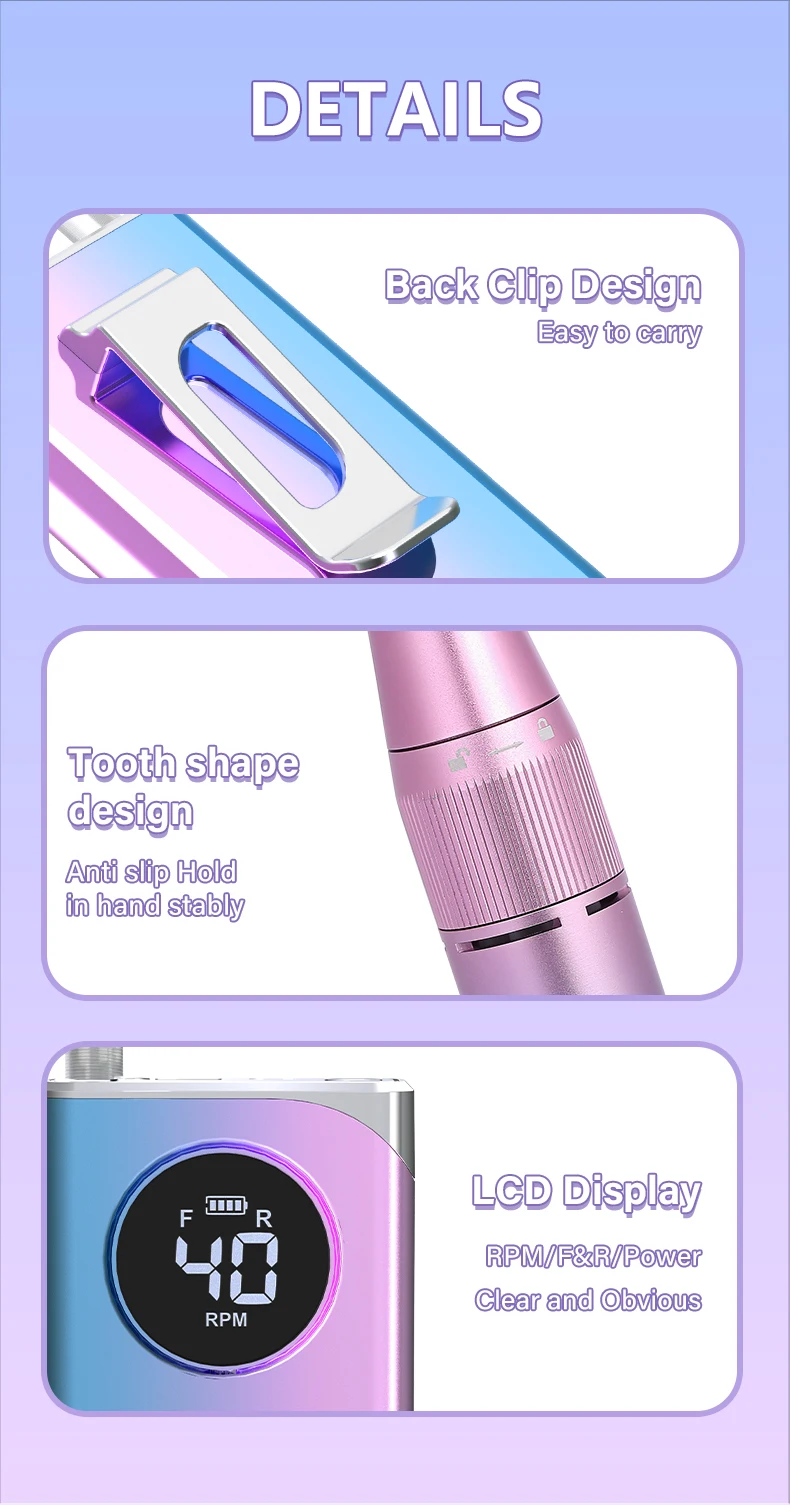40000/35000RPM Portable Electric Nail Drill Machine With LCD Display Nails Sander For Acrylic Gel Polish Rechargeable Nail Tool