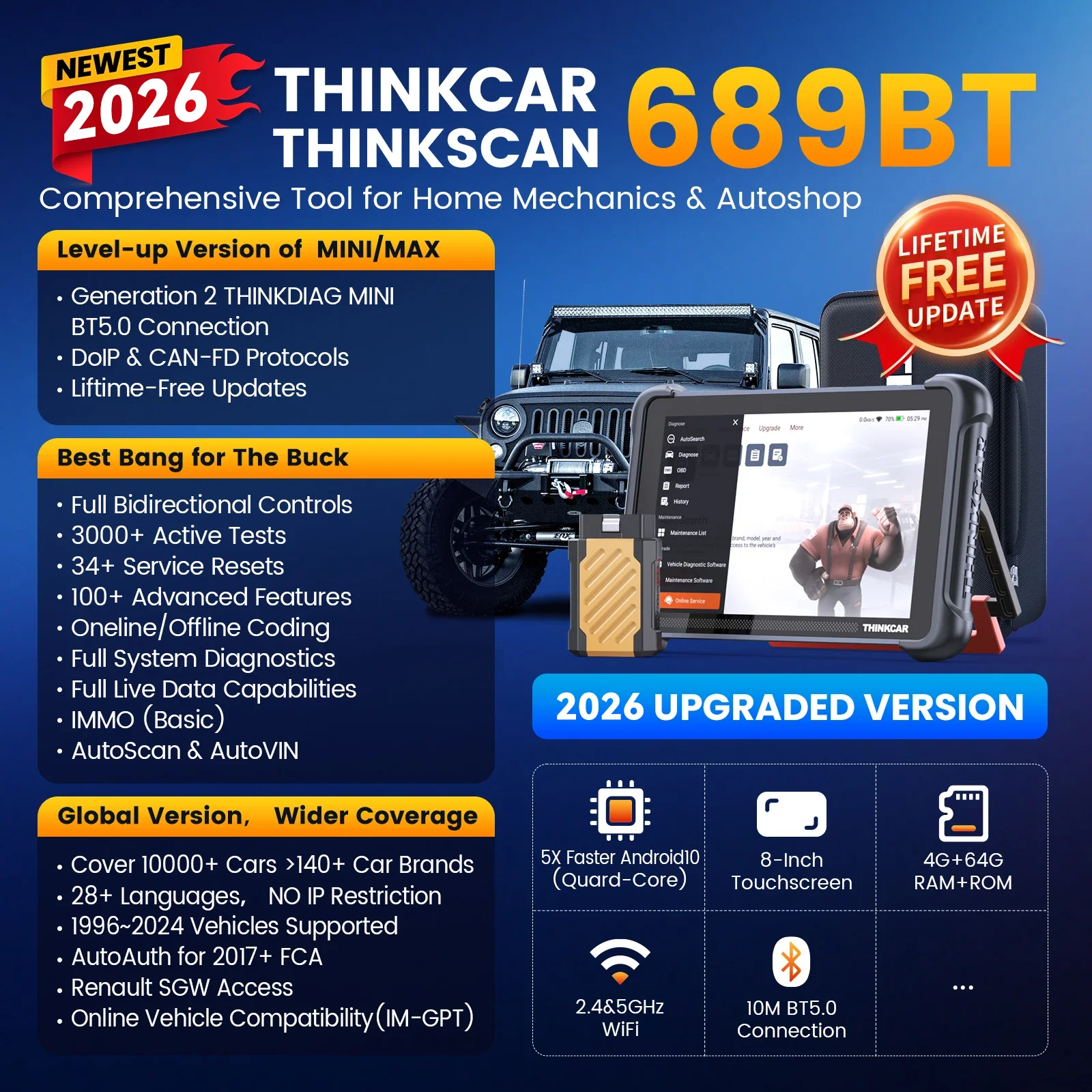 THINKCAR THINKSCAN 689BT AI Key Programming Automotive Diagnostic Tool Bidirectional Obd2 Scanner ECU Coding CANFD DOIP 34 Reset