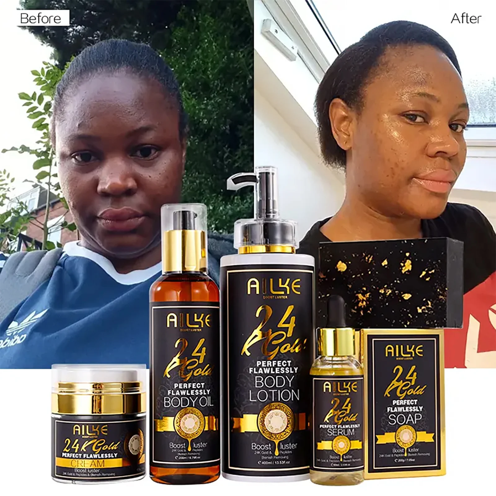 AILKE 24K Whitening Skin Set, Lightening, Remove Black Spots, Melanin, Stains, Even Skin Tone, Moisturizing, for All Skin Types