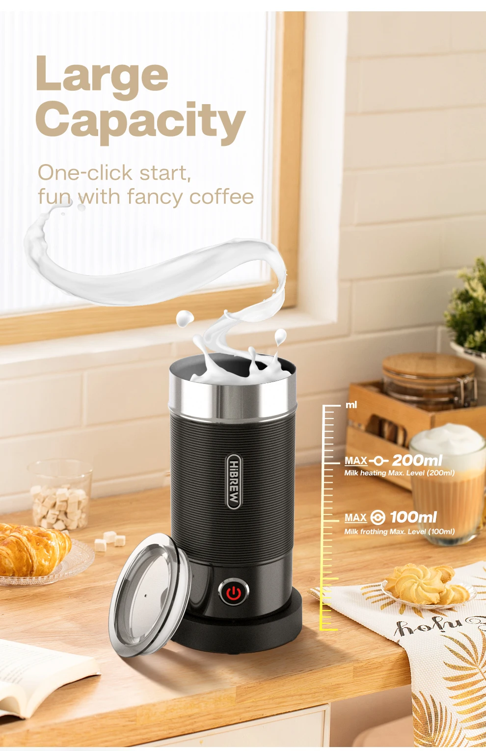 HiBREW Electric Milk Frother Frothing Foamer Chocolate Mixer Cold/Hot Latte Cappuccino fully automatic Milk Warmer Cool M1A