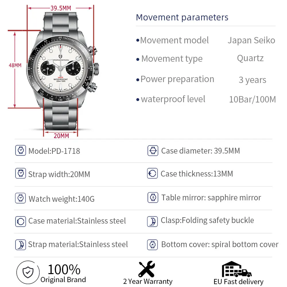 PAGANI DESIGN Men's Watch Panda Chronograph Luxury Quartz Wrist Watches Japanese Movement Sapphire Mirror 10Bar Waterproof Clock