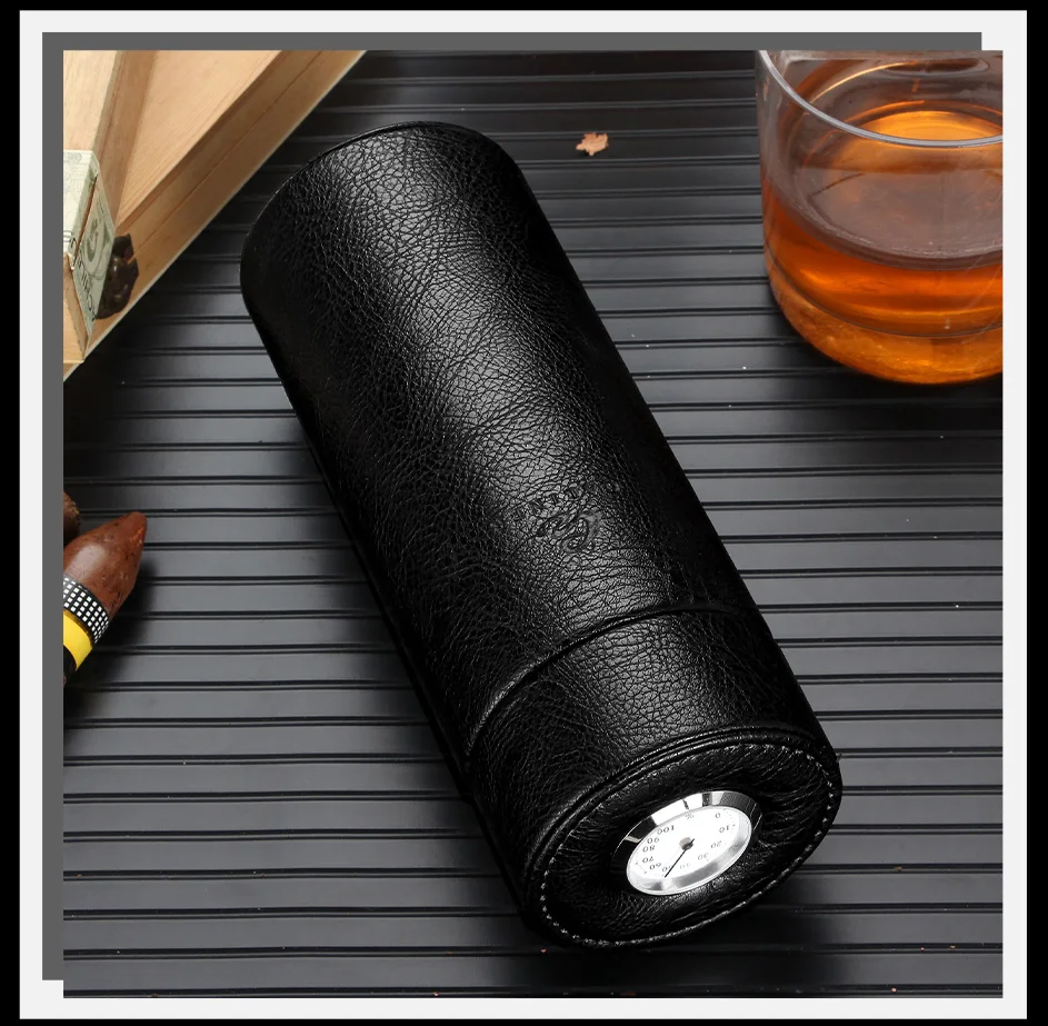Leather Cigar Tube Jar Portable Cedar Wood Humidor Box Cigar Case W/ Humidifer Hygrometer Fit 5 Cigars Humidor
