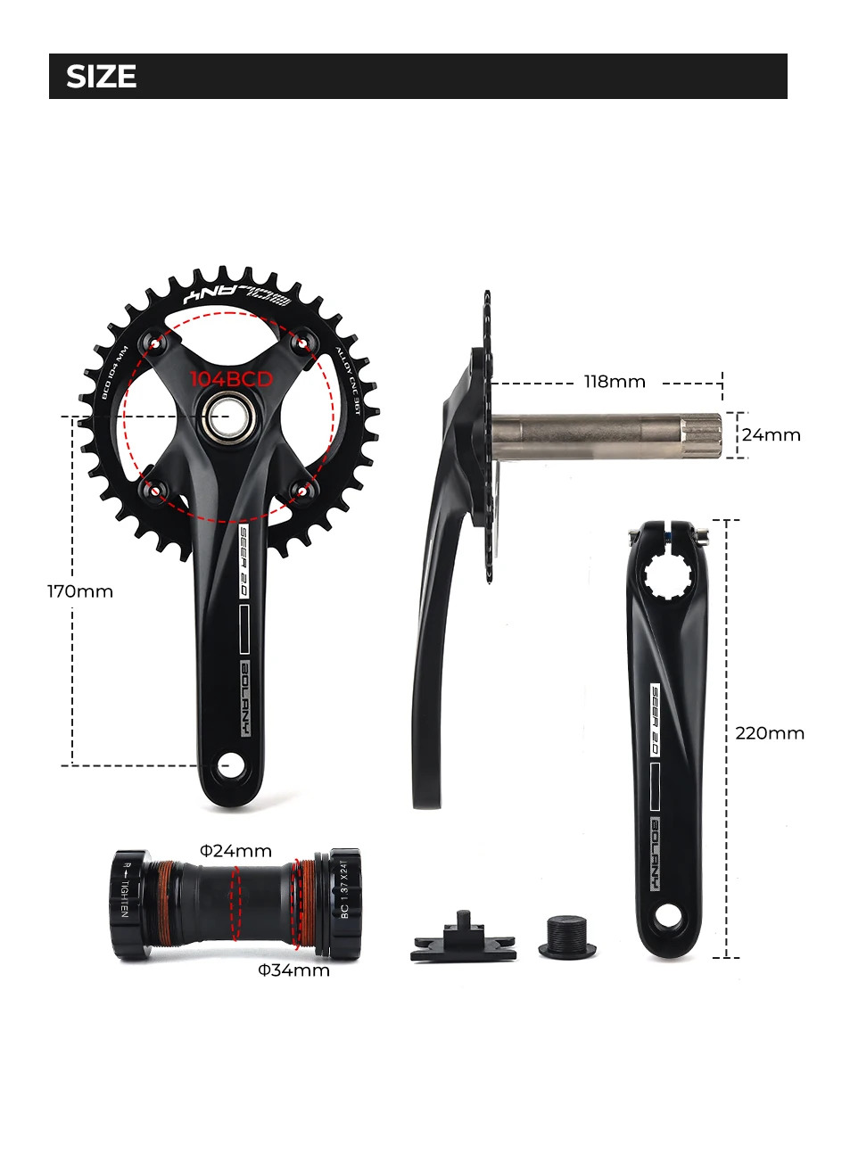 BOLANY Bicycle Crankset 170mm 104BCD Mountain Bike Double Disc Crank with Bottom Bracket 34T 36T 38T Aluminum Alloy Bike Cranks