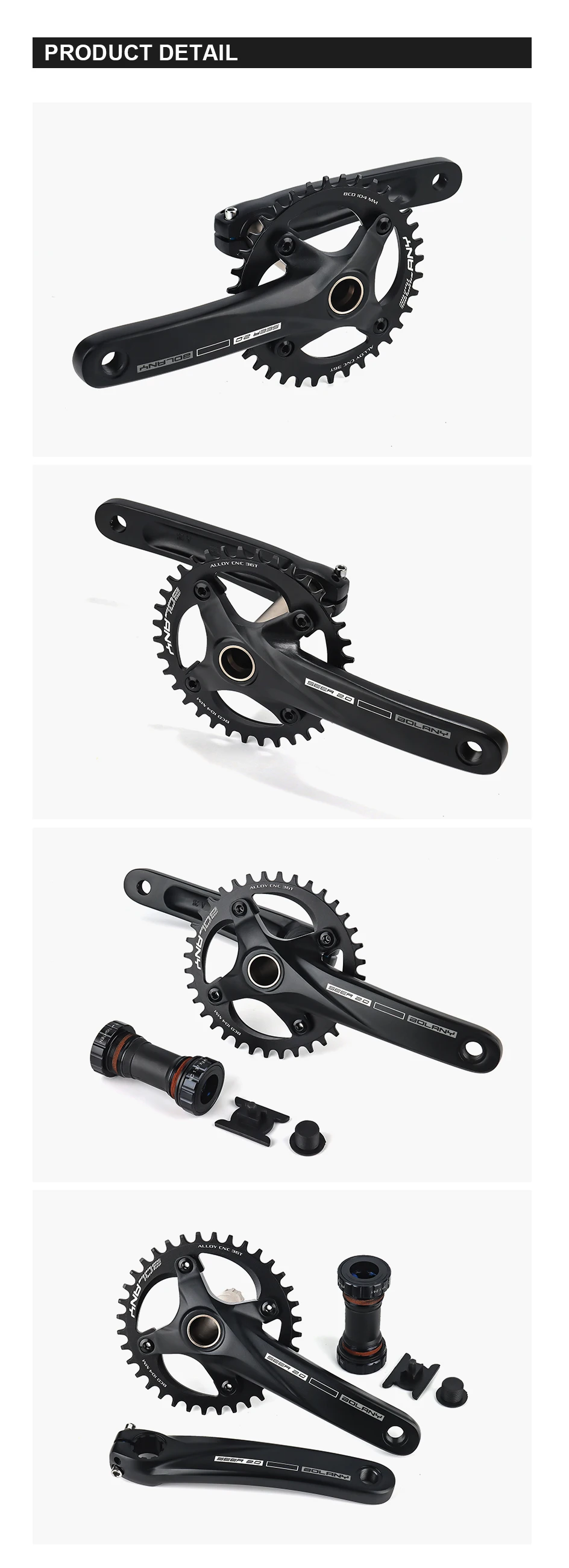 BOLANY Bicycle Crankset 170mm 104BCD Mountain Bike Double Disc Crank with Bottom Bracket 34T 36T 38T Aluminum Alloy Bike Cranks