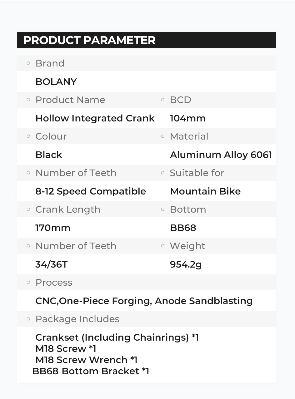 BOLANY Bicycle Crankset 170mm 104BCD Mountain Bike Double Disc Crank with Bottom Bracket 34T 36T 38T Aluminum Alloy Bike Cranks