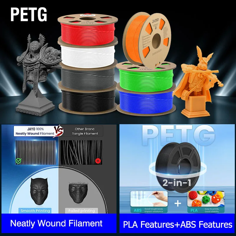 JAYO ABS/PLA META/PETG/SILK/TPU/Wood/ Rainbow/Marble 3D Printer Filament 1.75mm 5 Roll 3D Printing Materials for 3D Printer