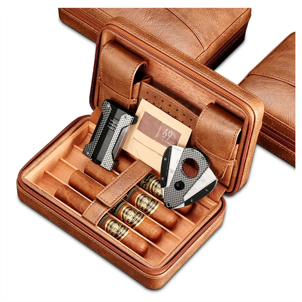 GALINER Cigar Humidor Box Travel Leather Cigar Case Cedar Wood Lined W/wo Lighter Cigar Cutter Humidity Control Pack For Humidor