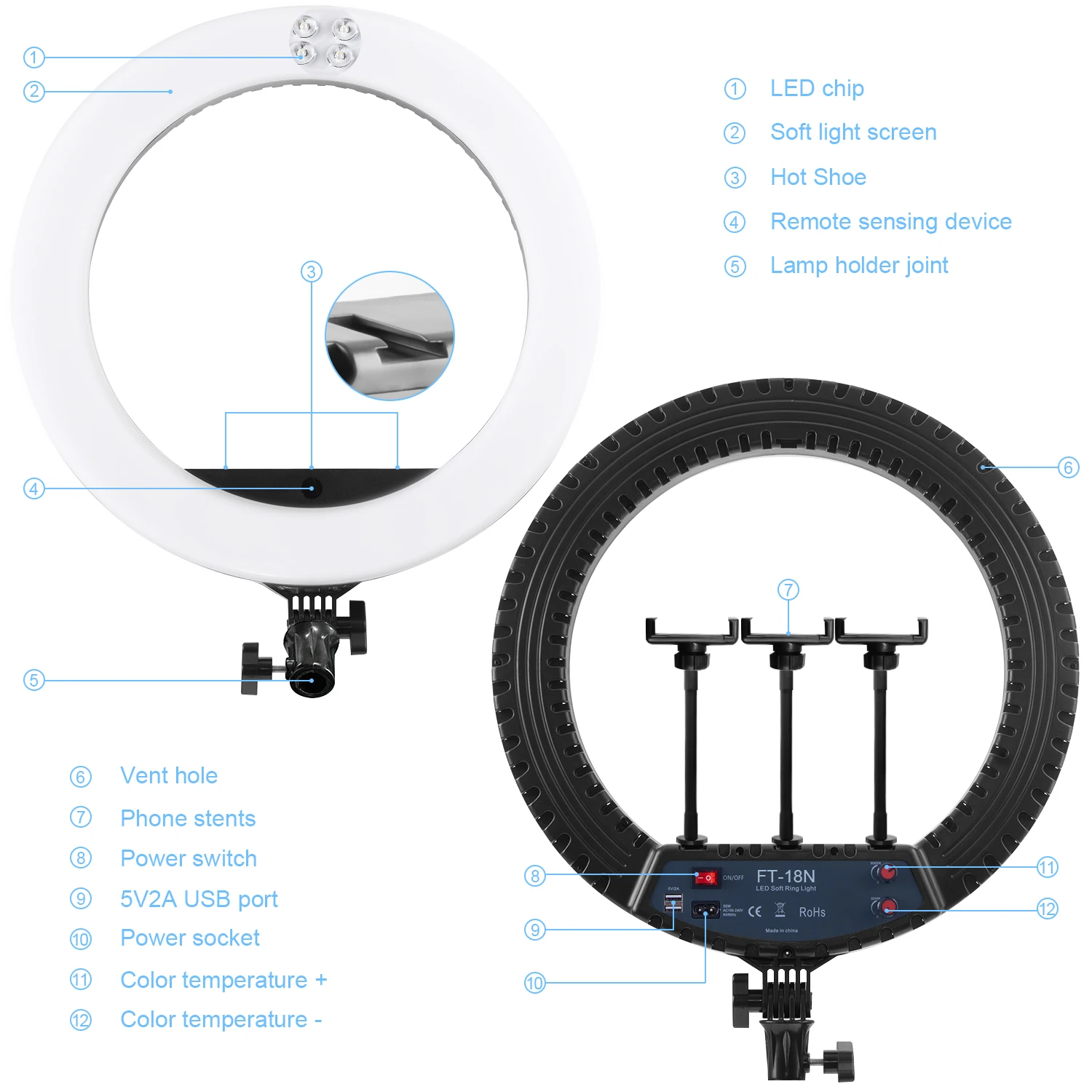 FOSOTO FT-18N Photography Lighting Dimmable Ring Lamp Camera Ring Lamp Led Ringlight With Tripod Stand For Phone Live Streaming