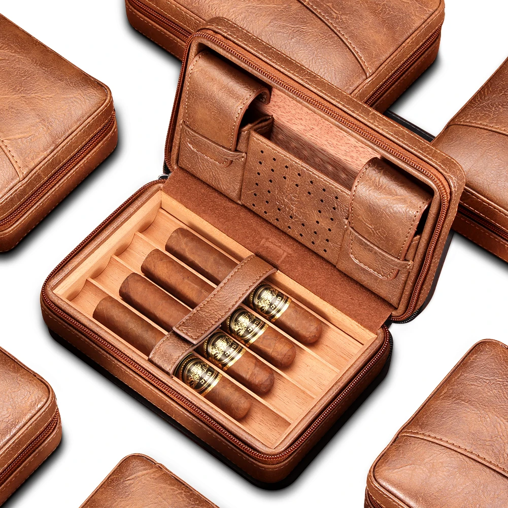 GALINER Cigar Humidor Case Charuto Cedar Wood Leather Travel Humidor Humidifier Set Gift Box (Without Lighter Cutter)