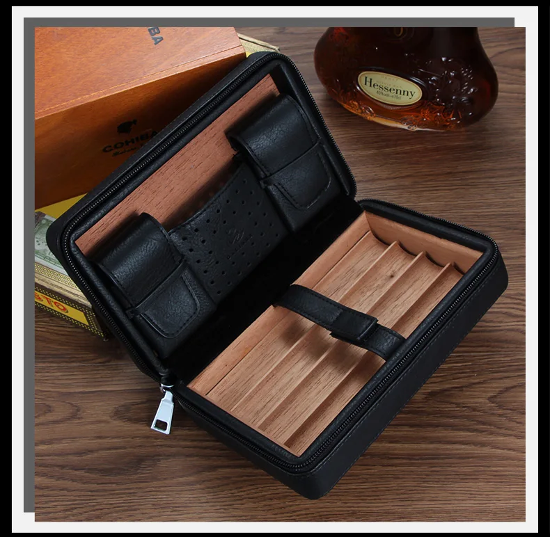 GALINER Cigar Humidor Case Charuto Cedar Wood Leather Travel Humidor Humidifier Set Gift Box (Without Lighter Cutter)