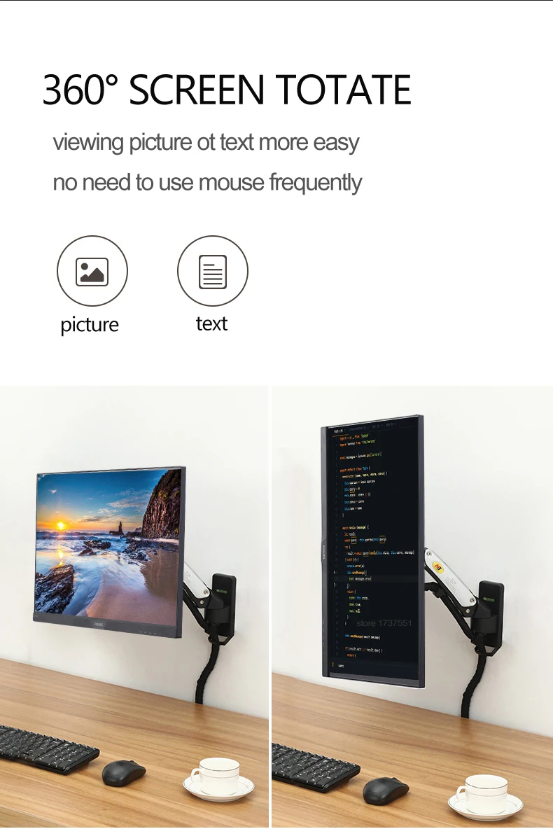NB F120 17-27' Aluminum GS Gas Spring 360 Rotate Full Motion TV Wall Mount Bracket LCD Monitor Wall Mount Stand Screen Holder