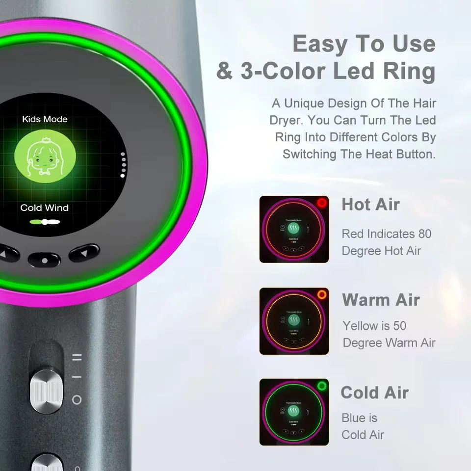 High Speed Hair Dryer 110,000 RPM BLDC Motor 1600W Ionic Negative Ion 5 Intelligent Modes LED Display for Home Travel