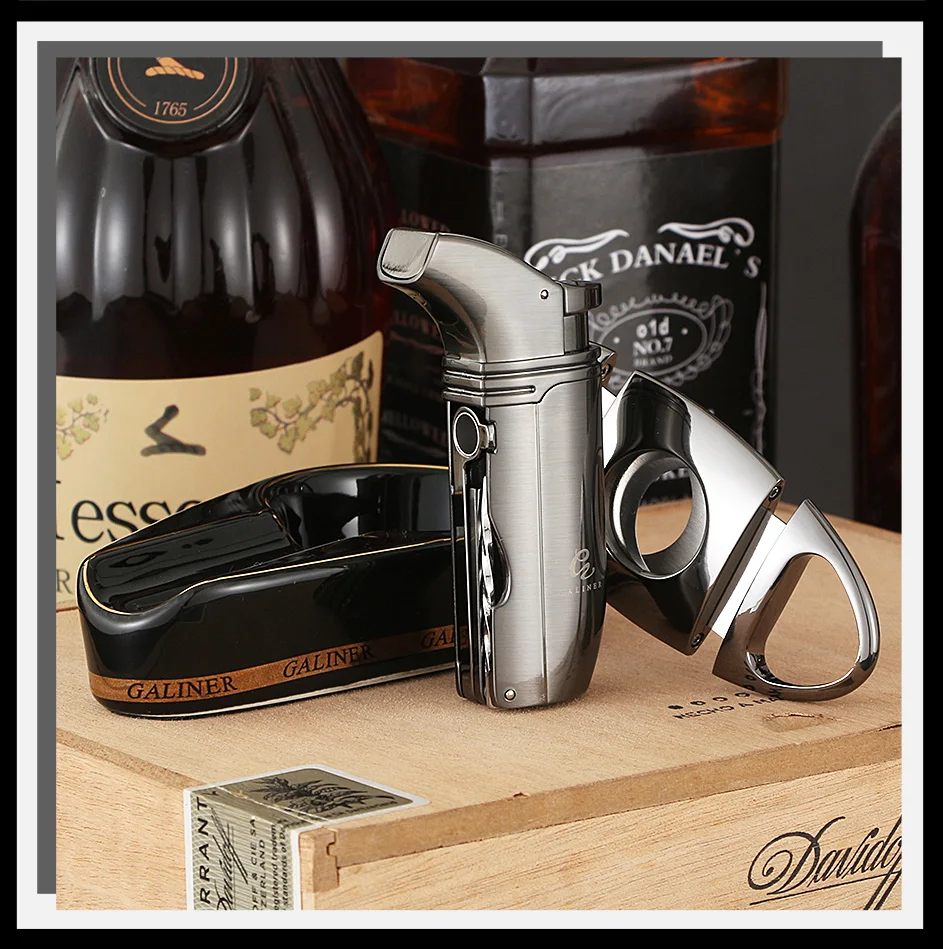 GALINER Travel Cigar Accessories Set Metal Butane Gas Lighter Cigar Cutter Tobacco Guillotine Home Ceramic Cigar Ashtrays