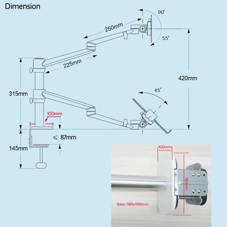 OL-3L OL-3T Aluminum Silver Ergonomics 10'-17' Desk Laptop Stand 32' Monitor Desktop Bracket Computer Mount Full Motion Column