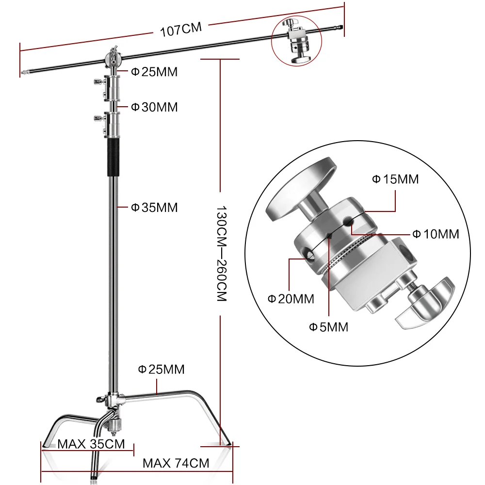 C-Stand Photography Stand Stainless Steel with Hold Arm and Grip Head Upgraded Max Height 260cm with One Adjustable Magical Leg