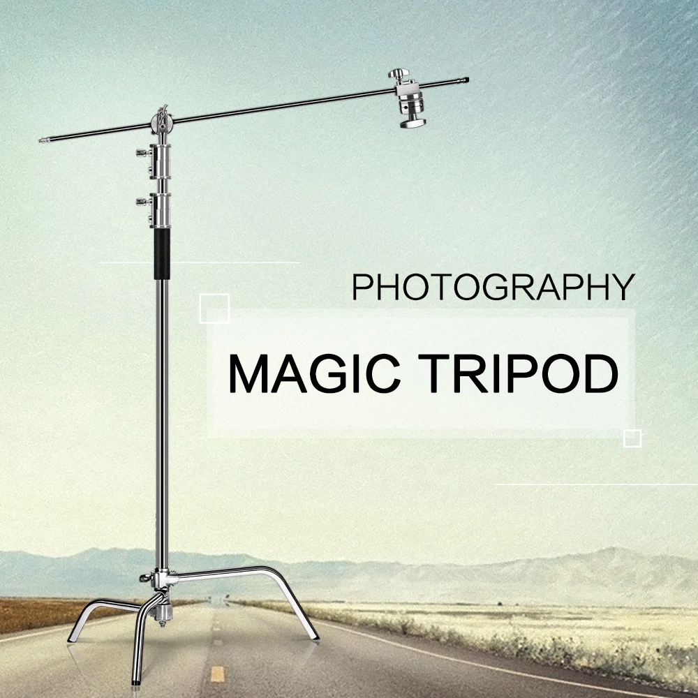 C-Stand Photography Stand Stainless Steel with Hold Arm and Grip Head Upgraded Max Height 260cm with One Adjustable Magical Leg