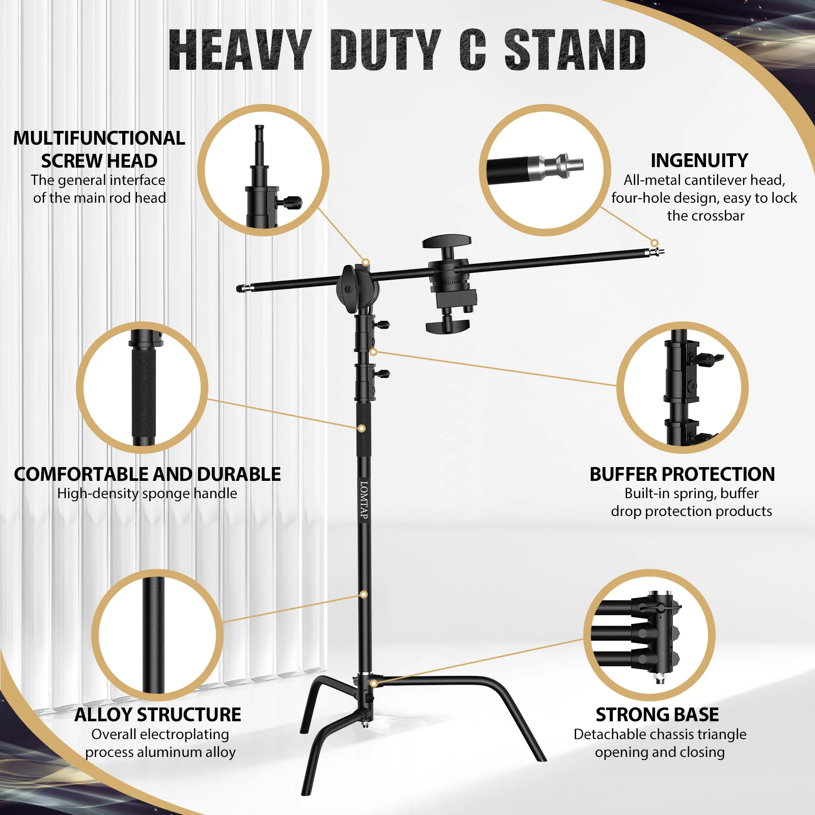 C-Stand Photography Stand Stainless Steel with Hold Arm and Grip Head Upgraded Max Height 260cm with One Adjustable Magical Leg