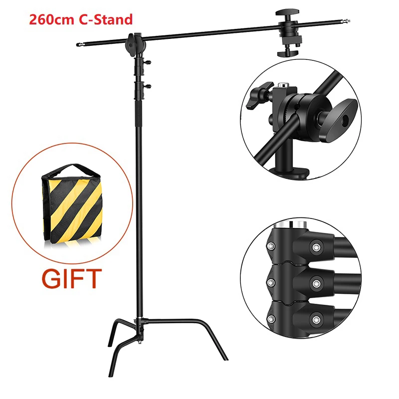 C-Stand Photography Stand Stainless Steel with Hold Arm and Grip Head Upgraded Max Height 260cm with One Adjustable Magical Leg