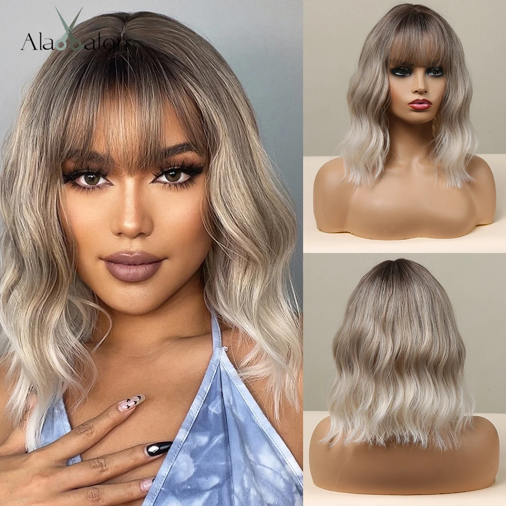 ALAN EATON Synthetic Wigs Long Straight Layered Hairstyle Ombre Black Brown Blonde Gray Ash Full Wigs with Bangs for Black Women