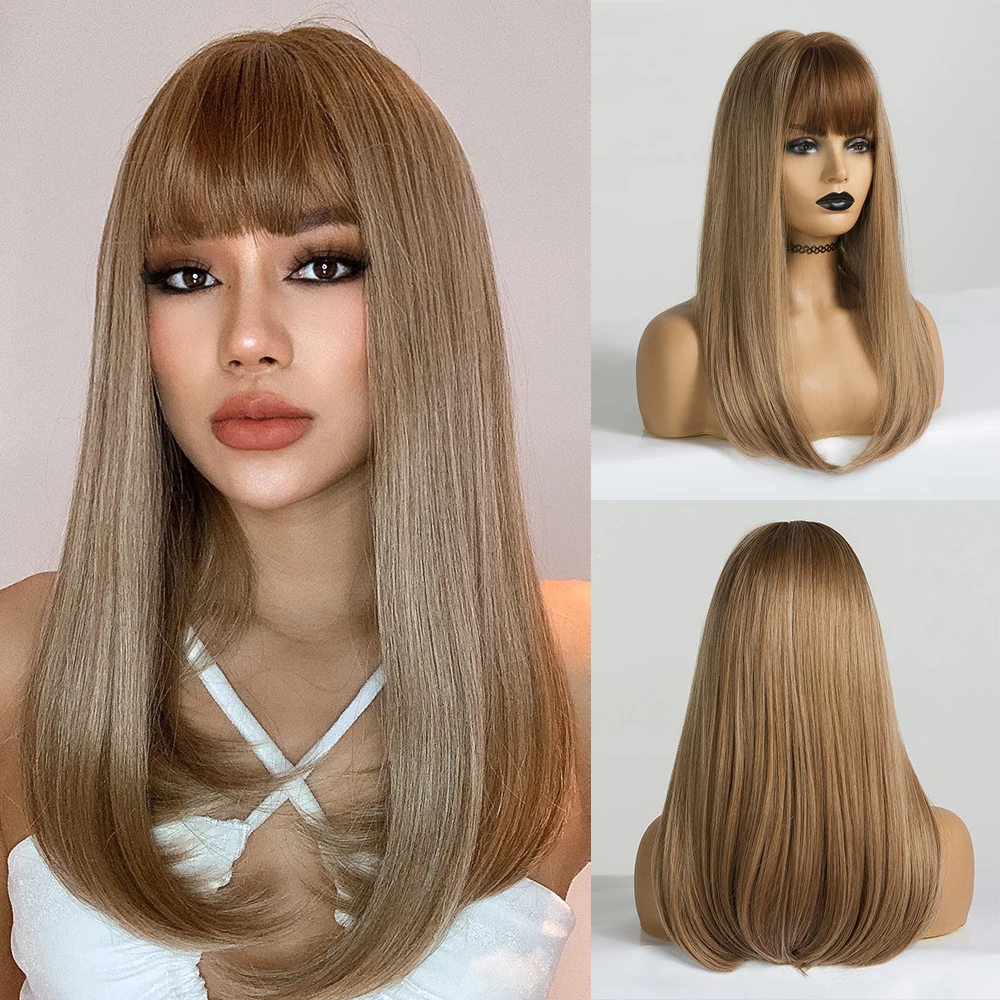 ALAN EATON Synthetic Wigs Long Straight Layered Hairstyle Ombre Black Brown Blonde Gray Ash Full Wigs with Bangs for Black Women