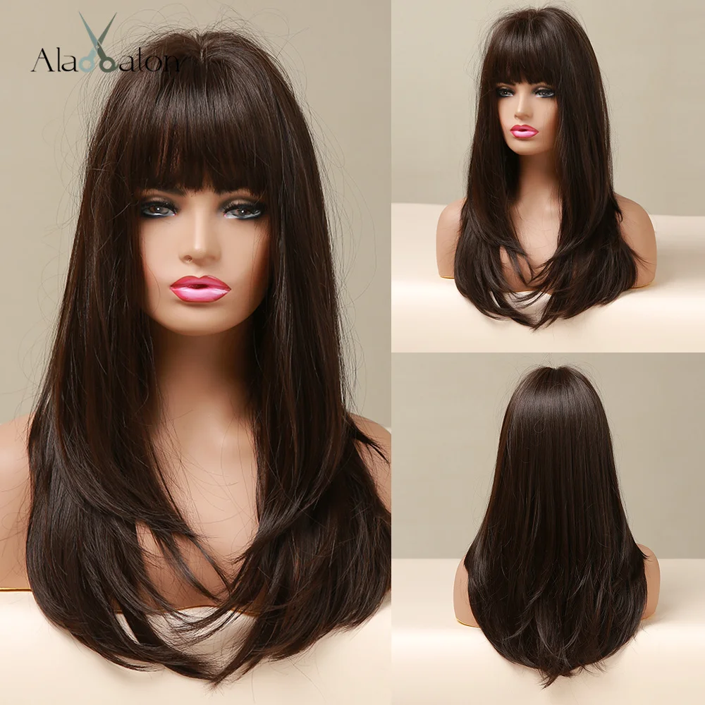 ALAN EATON Synthetic Wigs Long Straight Layered Hairstyle Ombre Black Brown Blonde Gray Ash Full Wigs with Bangs for Black Women
