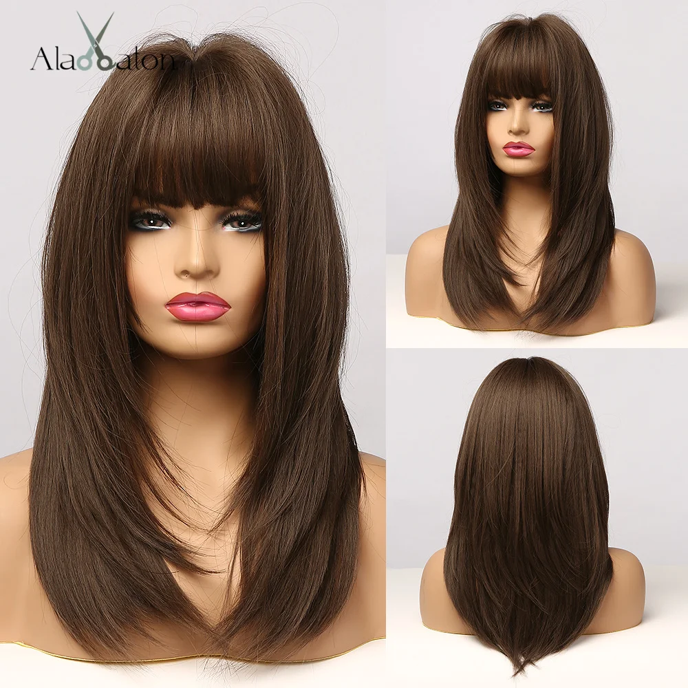 ALAN EATON Synthetic Wigs Long Straight Layered Hairstyle Ombre Black Brown Blonde Gray Ash Full Wigs with Bangs for Black Women