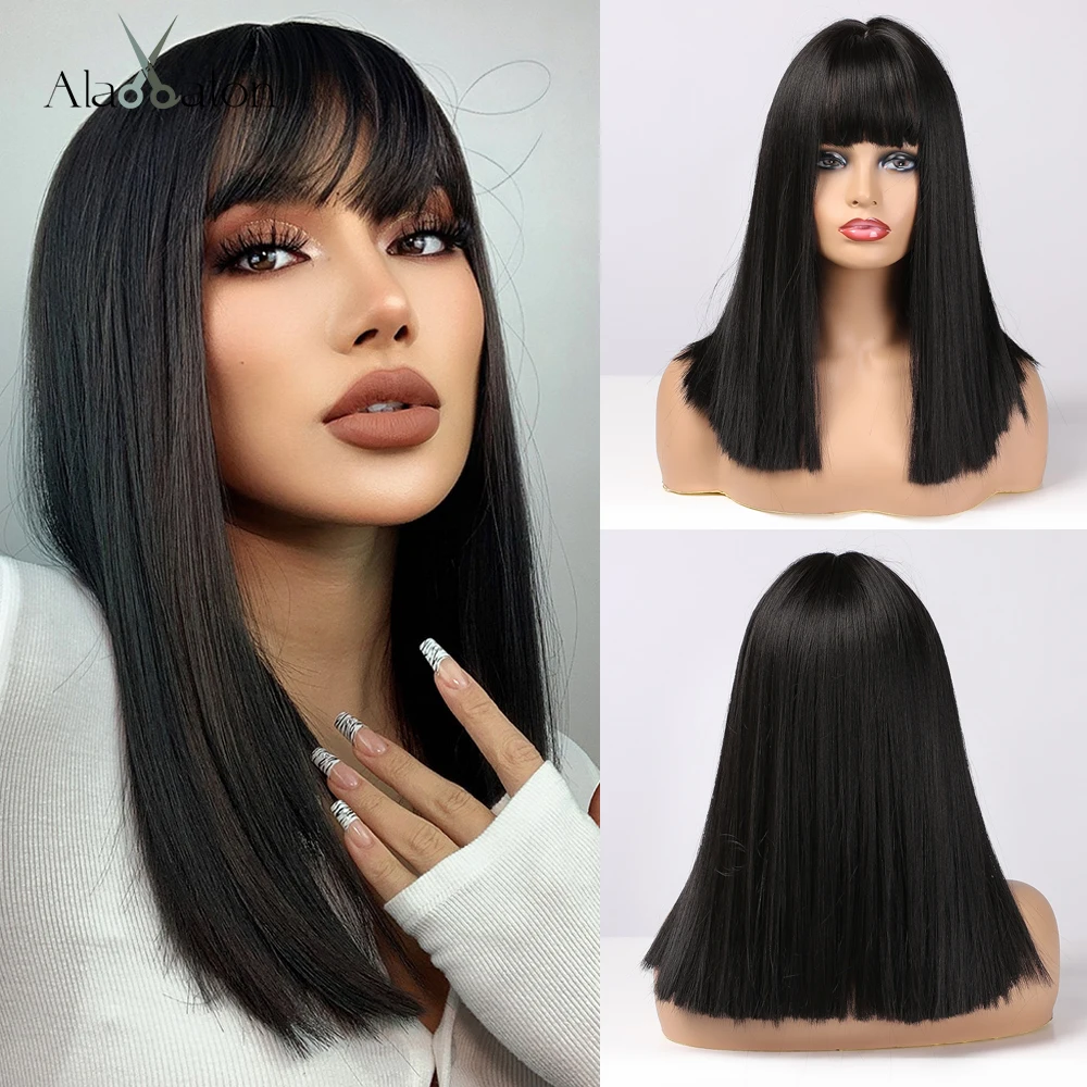 ALAN EATON Synthetic Wigs Long Straight Layered Hairstyle Ombre Black Brown Blonde Gray Ash Full Wigs with Bangs for Black Women