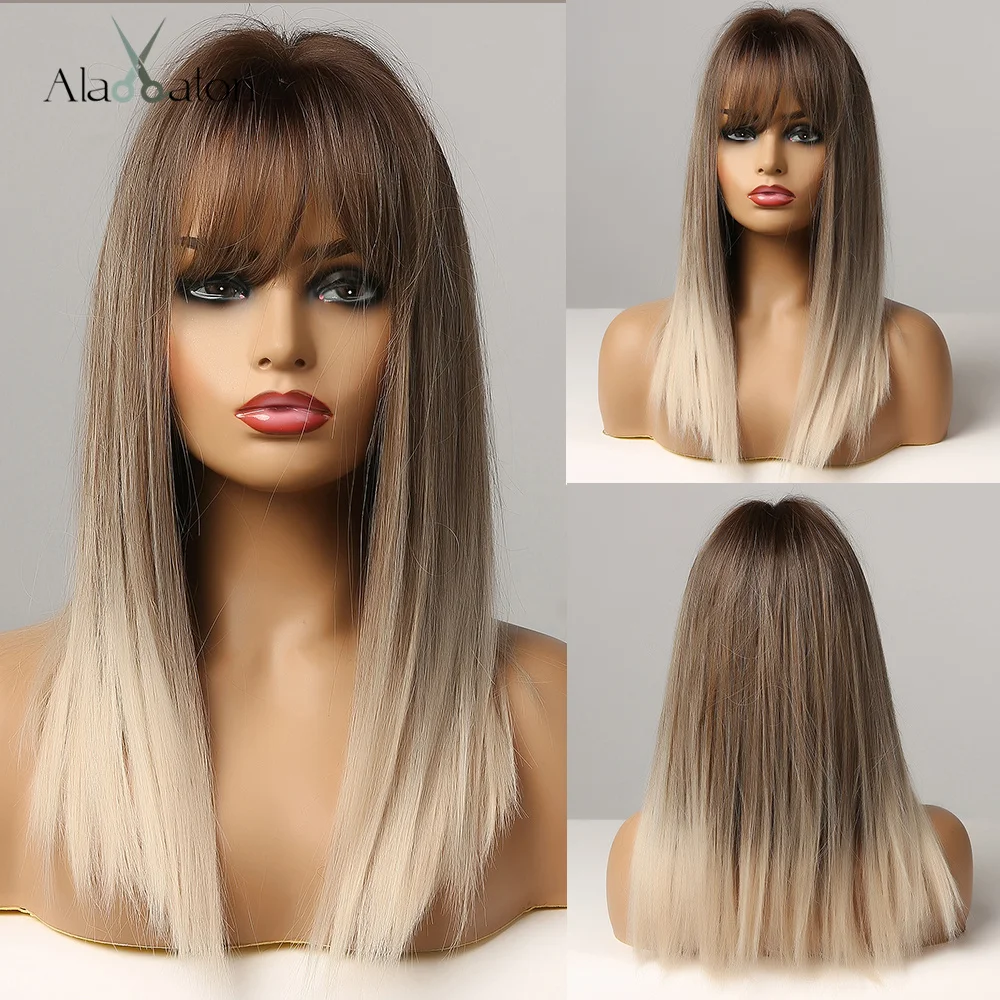 ALAN EATON Synthetic Wigs Long Straight Layered Hairstyle Ombre Black Brown Blonde Gray Ash Full Wigs with Bangs for Black Women
