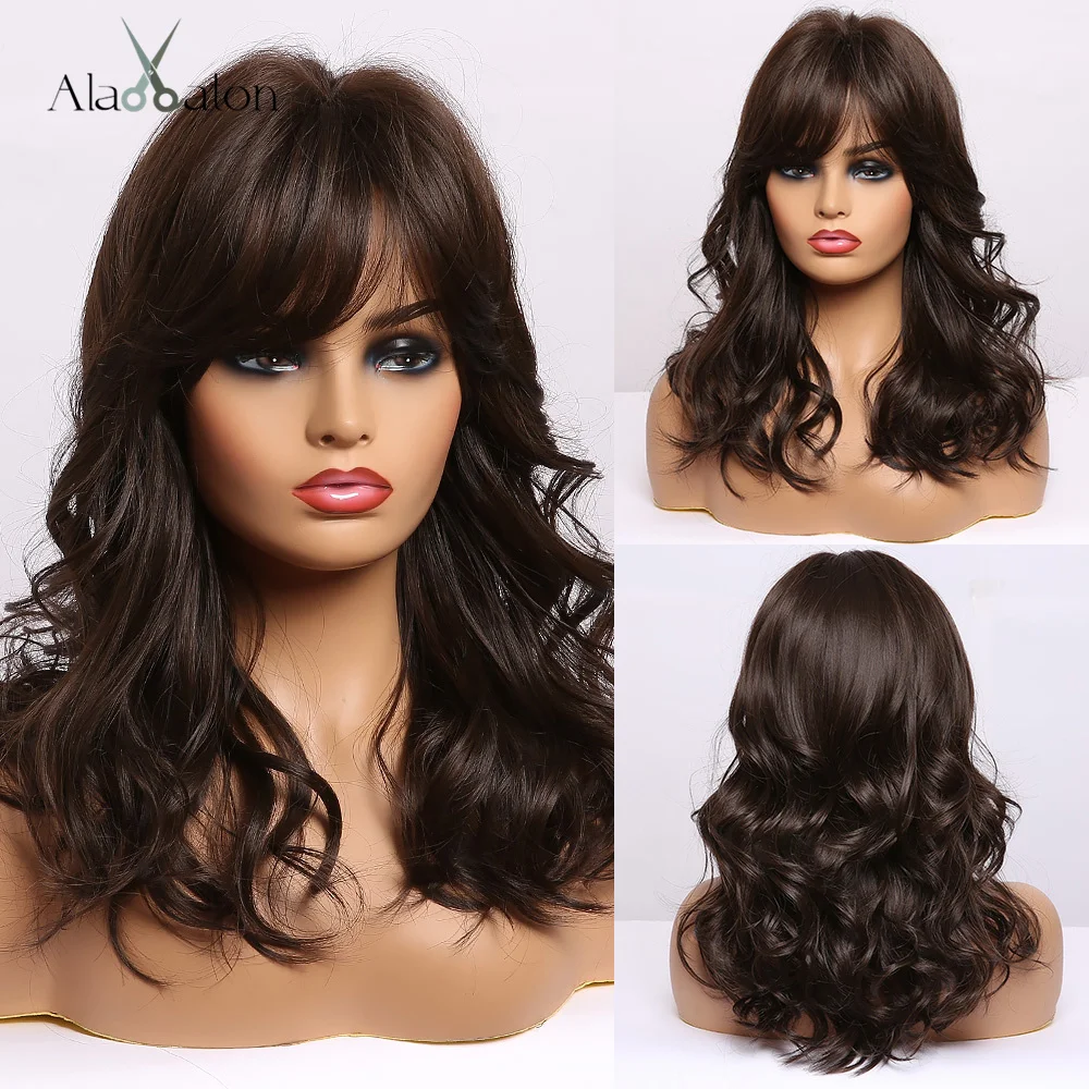 ALAN EATON Synthetic Wigs Long Straight Layered Hairstyle Ombre Black Brown Blonde Gray Ash Full Wigs with Bangs for Black Women