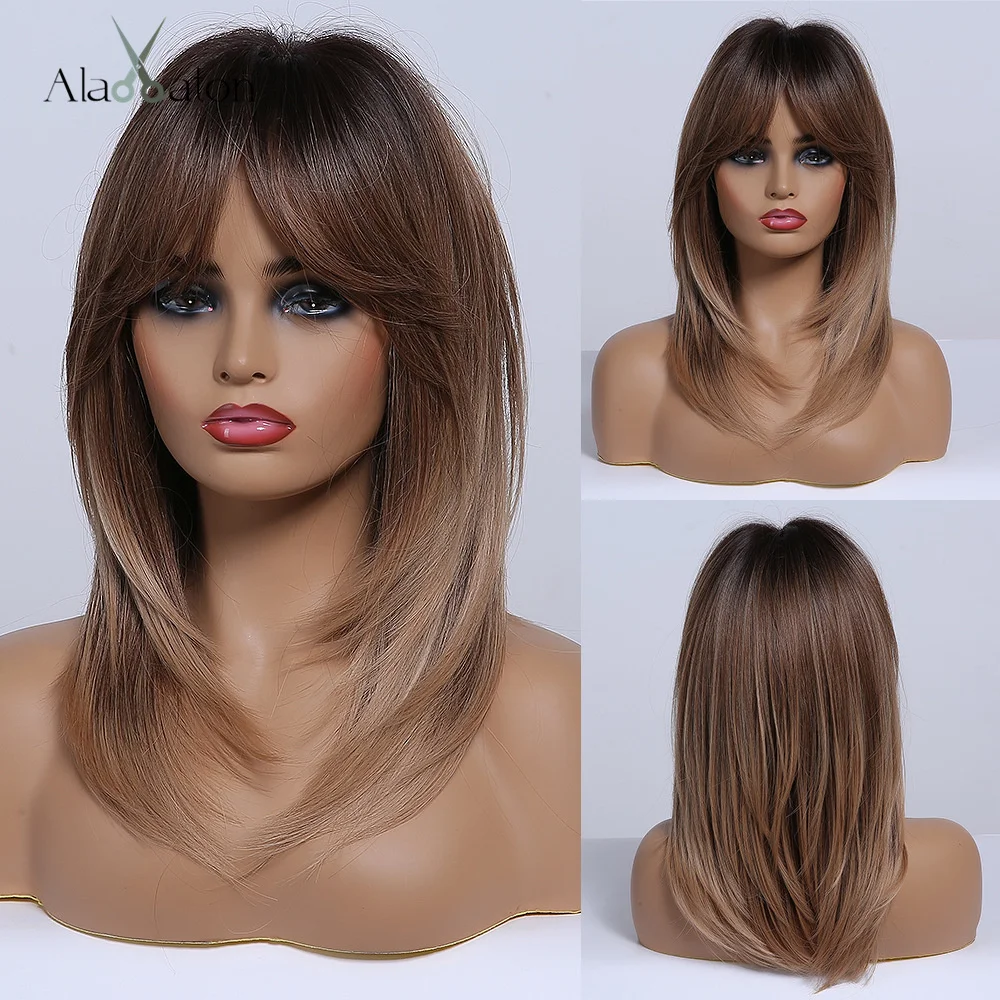 ALAN EATON Synthetic Wigs Long Straight Layered Hairstyle Ombre Black Brown Blonde Gray Ash Full Wigs with Bangs for Black Women