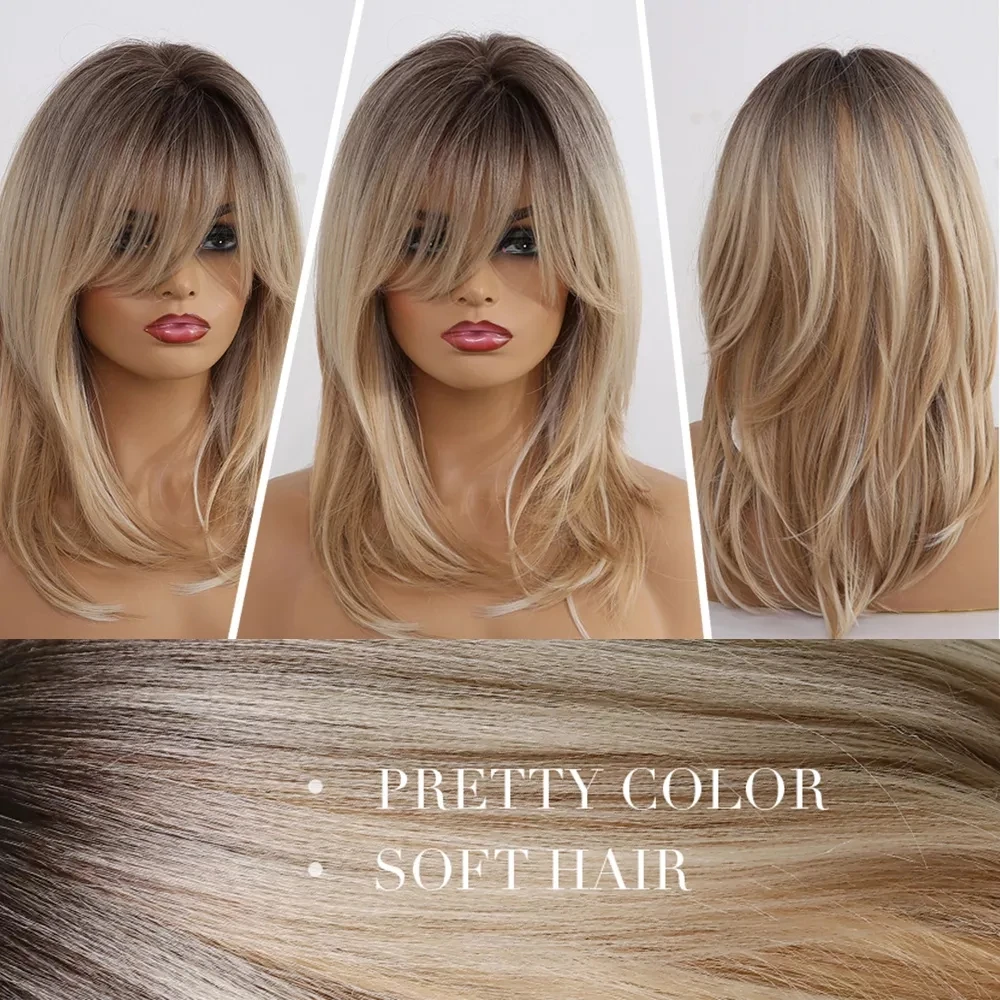 ALAN EATON Synthetic Wigs Long Straight Layered Hairstyle Ombre Black Brown Blonde Gray Ash Full Wigs with Bangs for Black Women