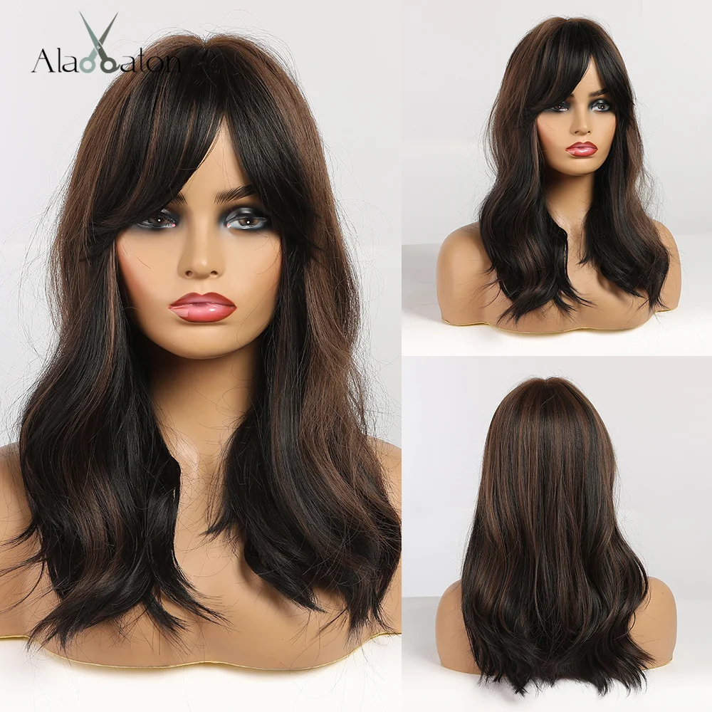 ALAN EATON Synthetic Wigs Long Straight Layered Hairstyle Ombre Black Brown Blonde Gray Ash Full Wigs with Bangs for Black Women