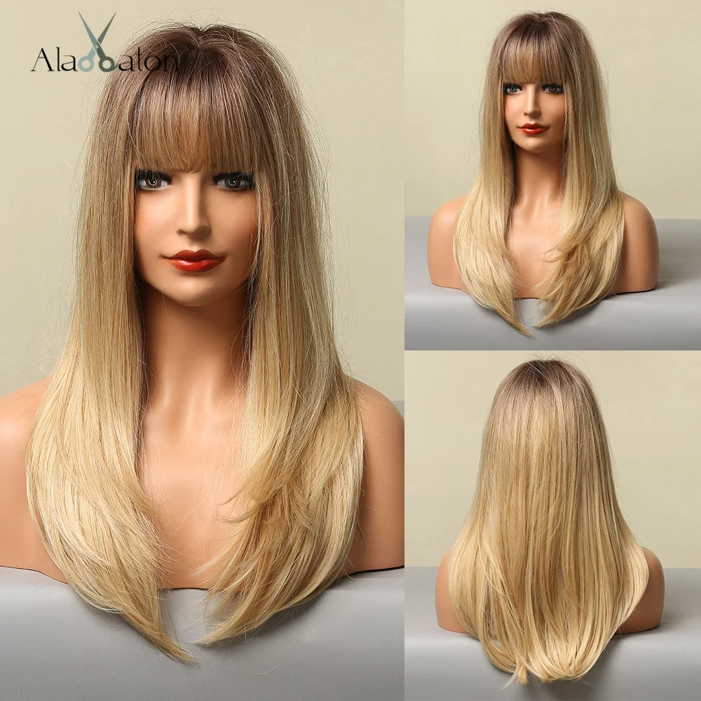 ALAN EATON Synthetic Wigs Long Straight Layered Hairstyle Ombre Black Brown Blonde Gray Ash Full Wigs with Bangs for Black Women