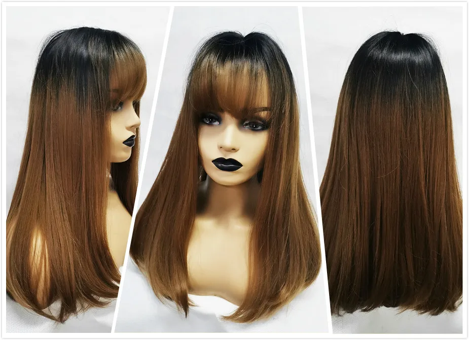 ALAN EATON Synthetic Wigs Long Straight Layered Hairstyle Ombre Black Brown Blonde Gray Ash Full Wigs with Bangs for Black Women
