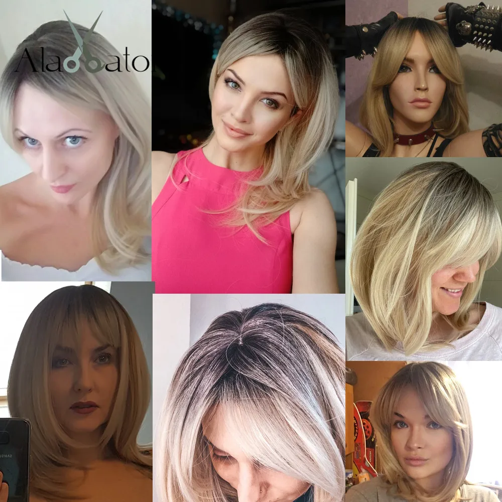 ALAN EATON Synthetic Wigs Long Straight Layered Hairstyle Ombre Black Brown Blonde Gray Ash Full Wigs with Bangs for Black Women