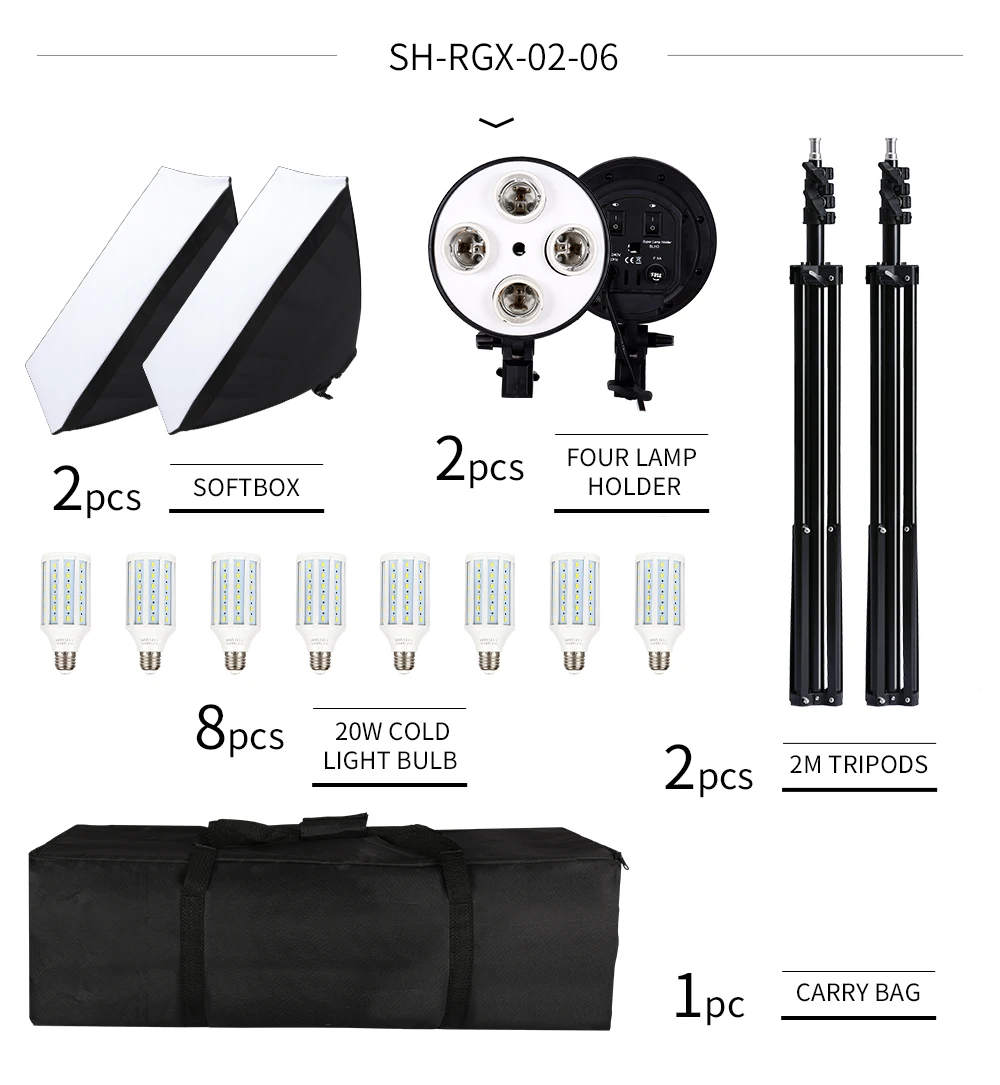 SH Photo Studio Softbox Light Kit Photographic Equipment Four Lamp Holders Continuous Light System With E27 Bulb Accessories