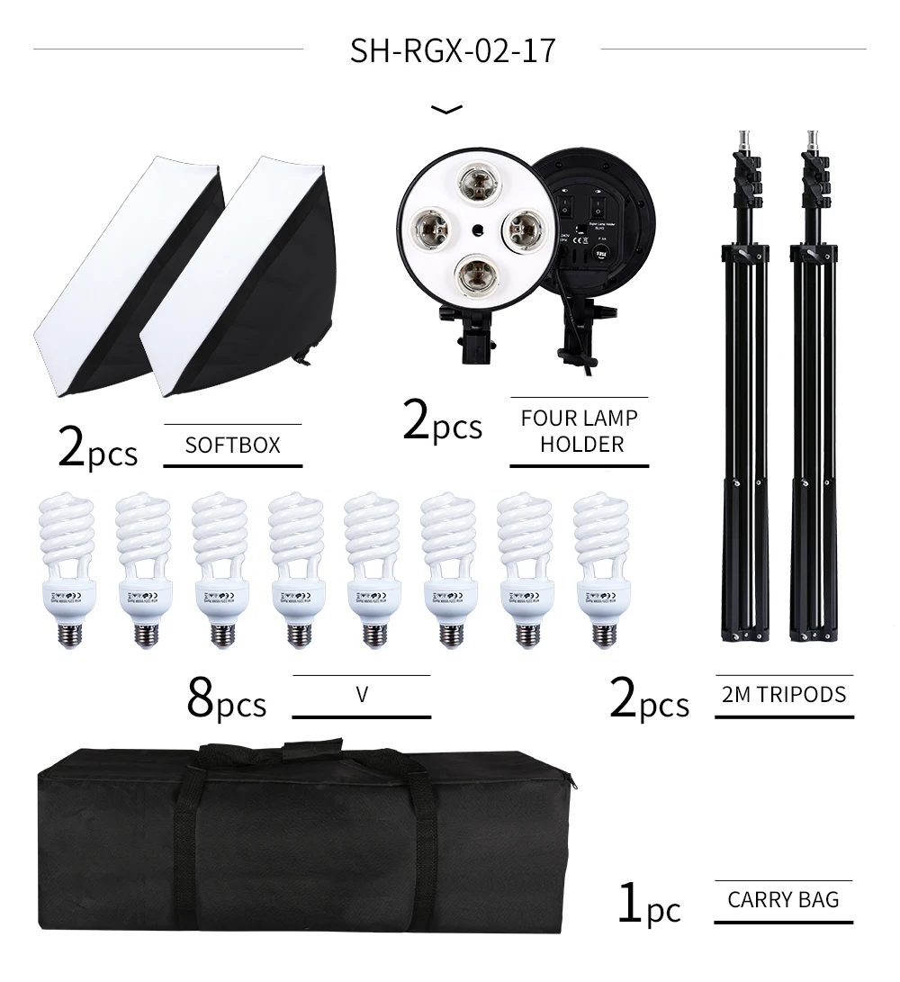 SH Photo Studio Softbox Light Kit Photographic Equipment Four Lamp Holders Continuous Light System With E27 Bulb Accessories