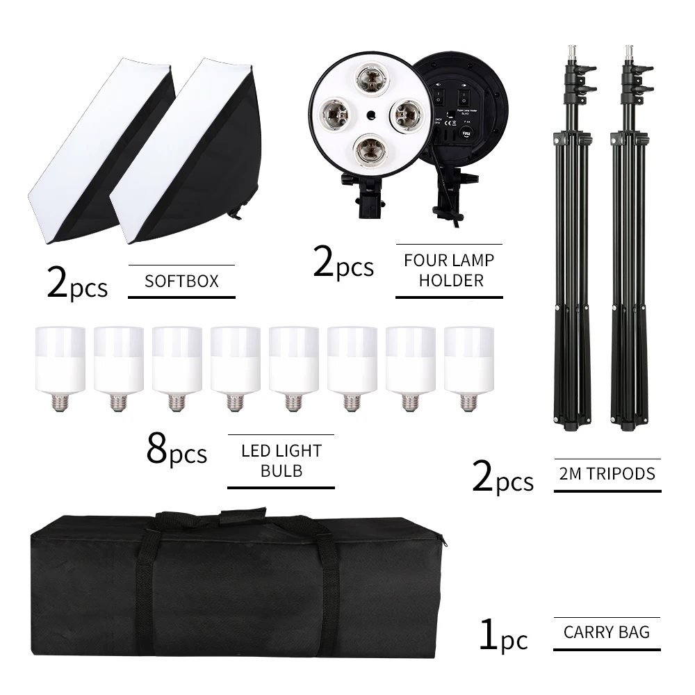 SH Photo Studio Softbox Light Kit Photographic Equipment Four Lamp Holders Continuous Light System With E27 Bulb Accessories