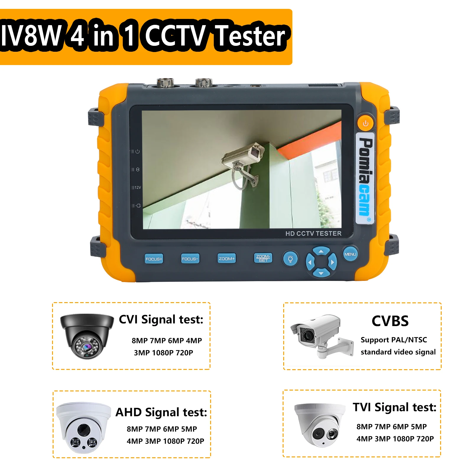 5.0 inch Monitor CVBS 8MP AHD/CVI/TVI 4-In-1 Camera Tester IV8W Tester Portable Tester Support PTZ Audio VGA HDMI Input