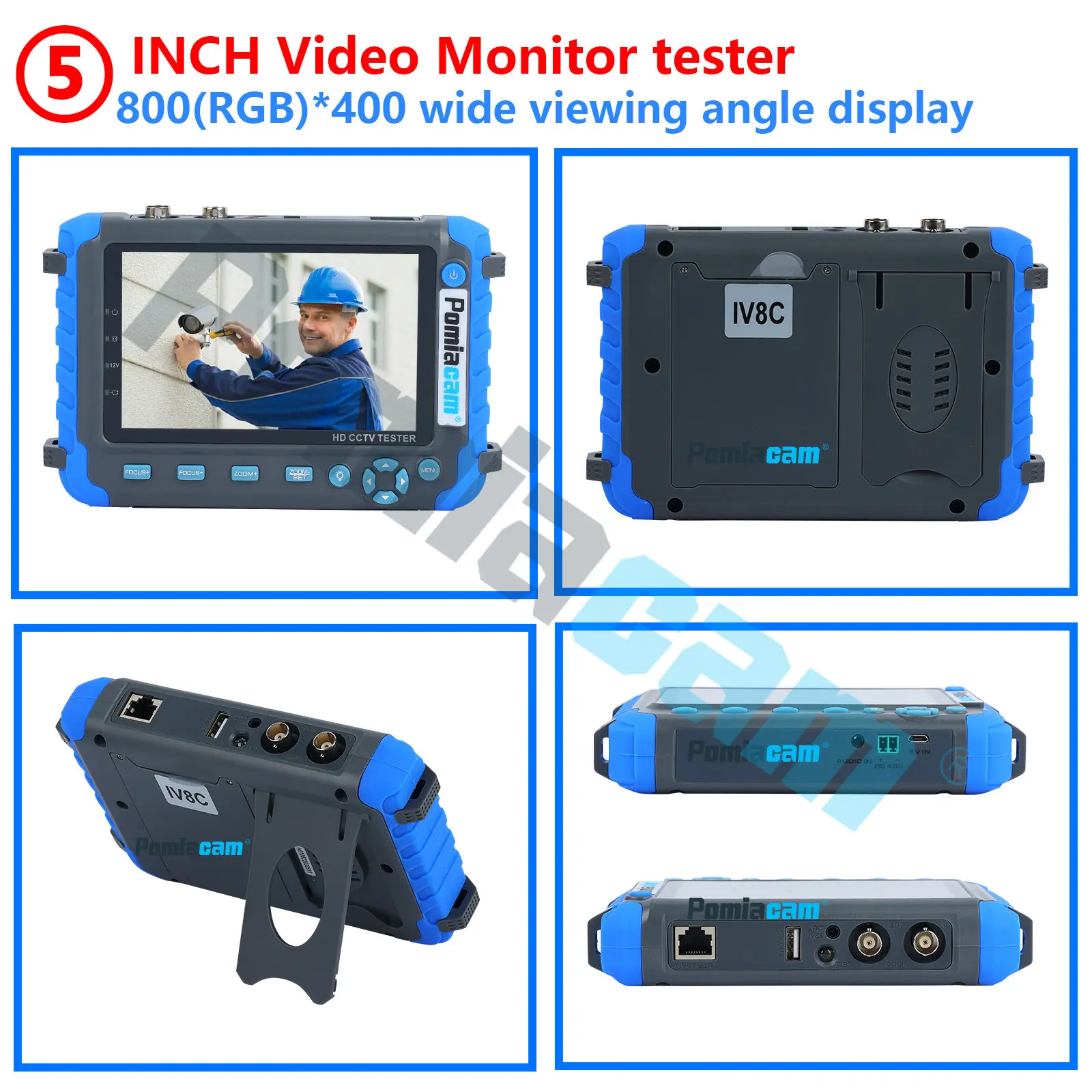 5.0 inch Monitor CVBS 8MP AHD/CVI/TVI 4-In-1 Camera Tester IV8W Tester Portable Tester Support PTZ Audio VGA HDMI Input