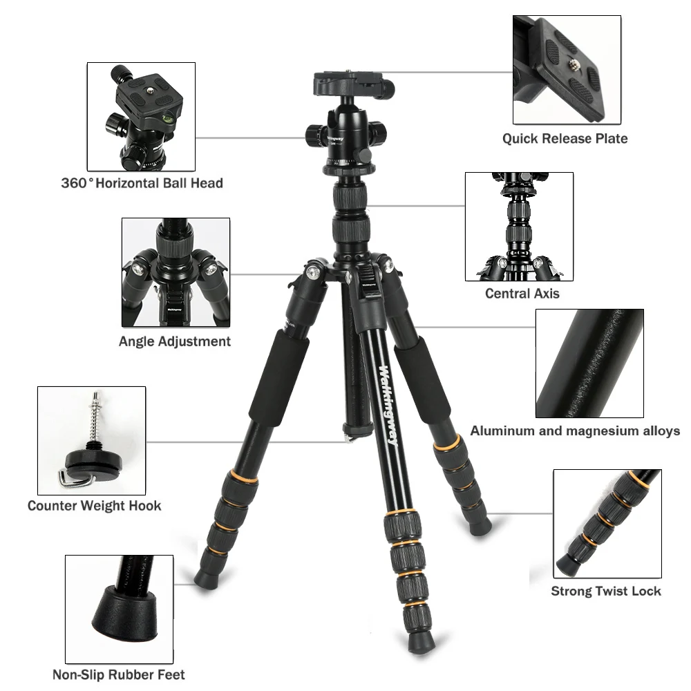 Walkingway Aluminum Protable Q666 Professional Travel Camera Tripod Monopod Ball Head&Phone Holder for DSLR Smartphone Video