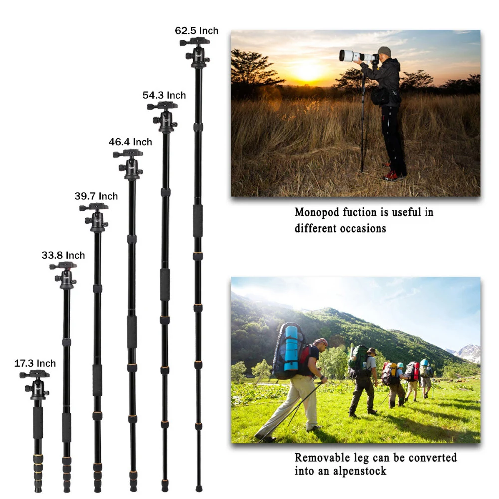 Walkingway Aluminum Protable Q666 Professional Travel Camera Tripod Monopod Ball Head&Phone Holder for DSLR Smartphone Video