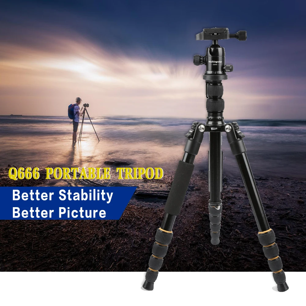 Walkingway Aluminum Protable Q666 Professional Travel Camera Tripod Monopod Ball Head&Phone Holder for DSLR Smartphone Video