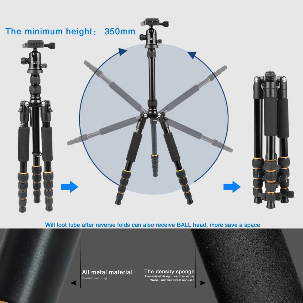 Walkingway Aluminum Protable Q666 Professional Travel Camera Tripod Monopod Ball Head&Phone Holder for DSLR Smartphone Video