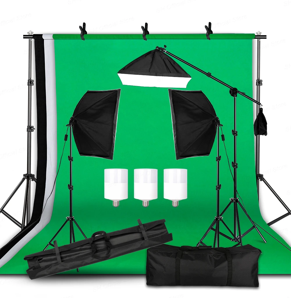 Photography Lighting Kit With 2x2M Photo Background Muslin Backdrops Softbox Light Stand Portable Bag Soft BoxFor Photo Studio