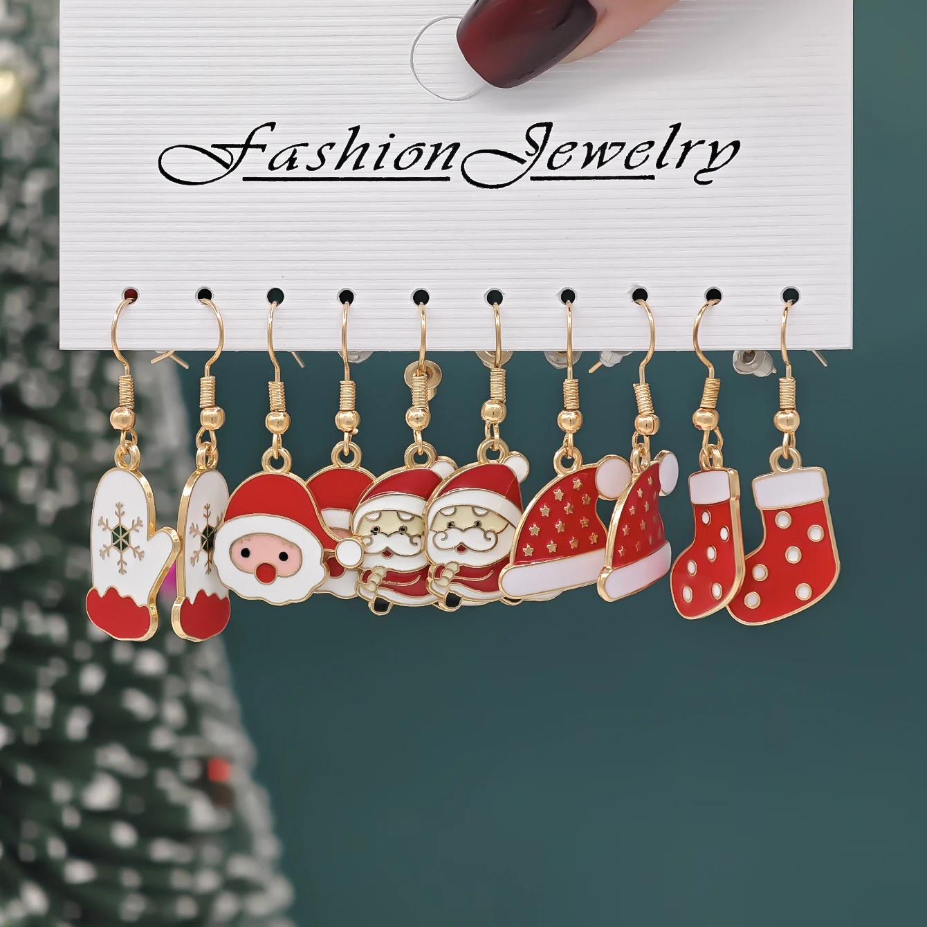 10/40pcs New Christmas Set Cross Border Cartoon Dripping Oil Elk Santa Claus Christmas Tree Earrings for Women