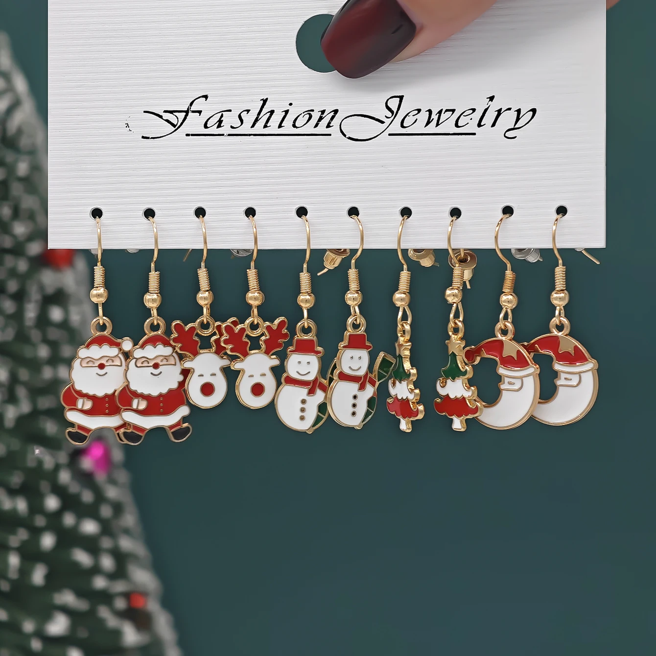 10/40pcs New Christmas Set Cross Border Cartoon Dripping Oil Elk Santa Claus Christmas Tree Earrings for Women