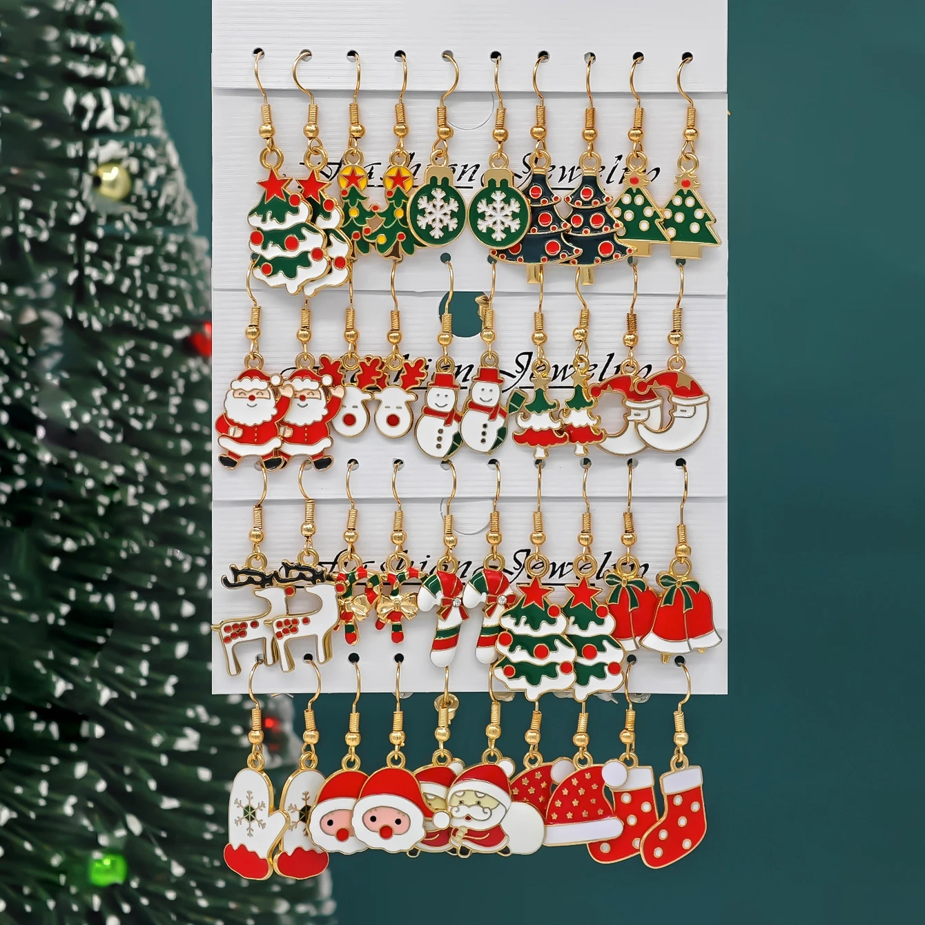 10/40pcs New Christmas Set Cross Border Cartoon Dripping Oil Elk Santa Claus Christmas Tree Earrings for Women