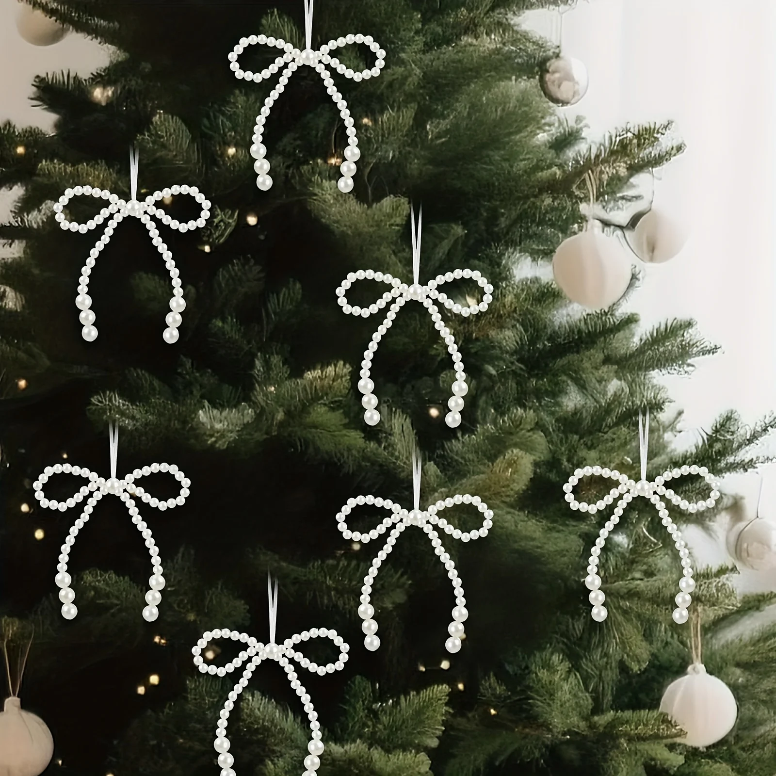 6/12pcs New Hand Woven Imitation Pearl Bow Christmas Decoration Christmas Fringe Pendant Holiday Party Girls Room Decor Supplies